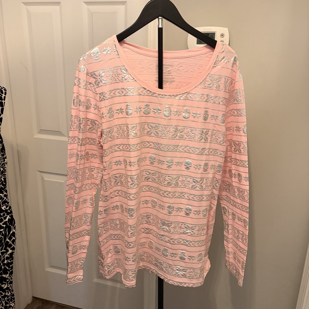 No Boundaries Pink Silver Metallic Foil Skull Fair Isle Long Sleeve